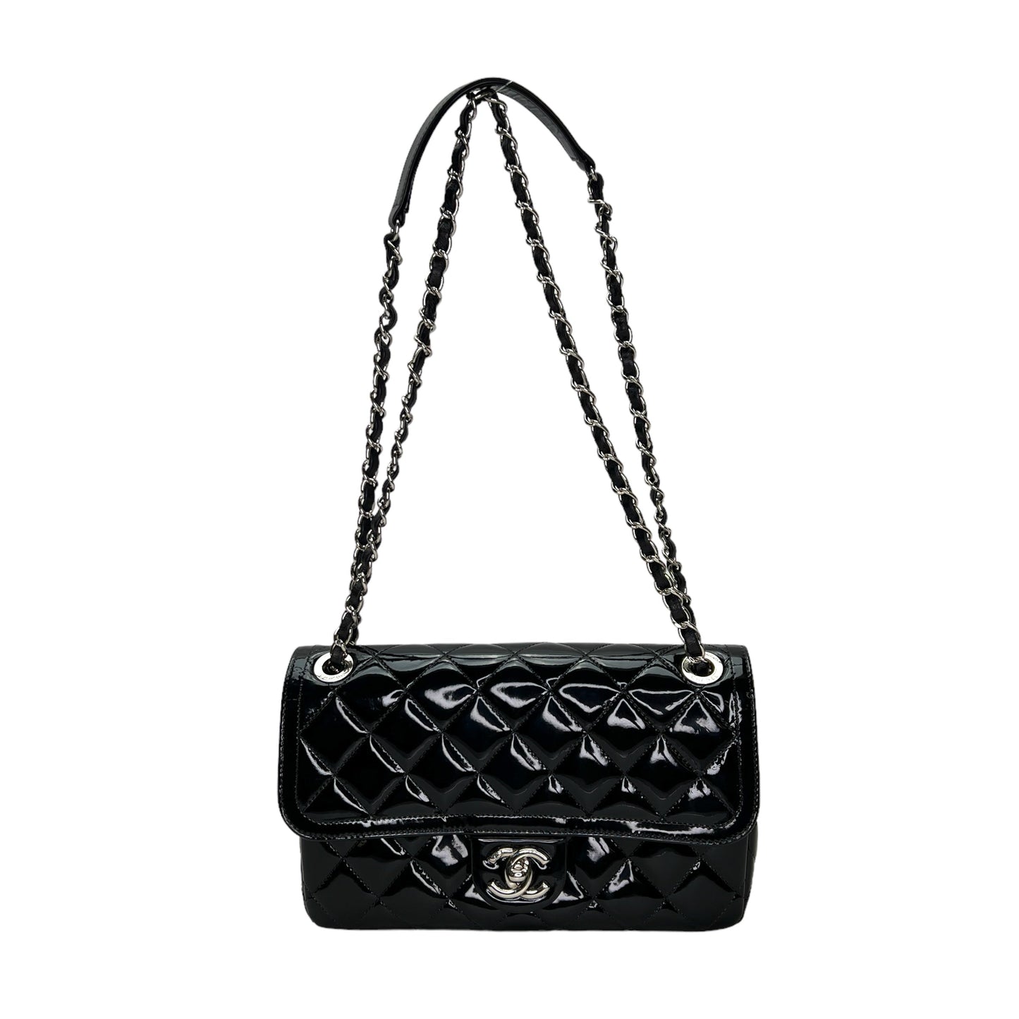 Coco Shine Medium Black Shoulder Bag in Patent Leather, Silver hardware