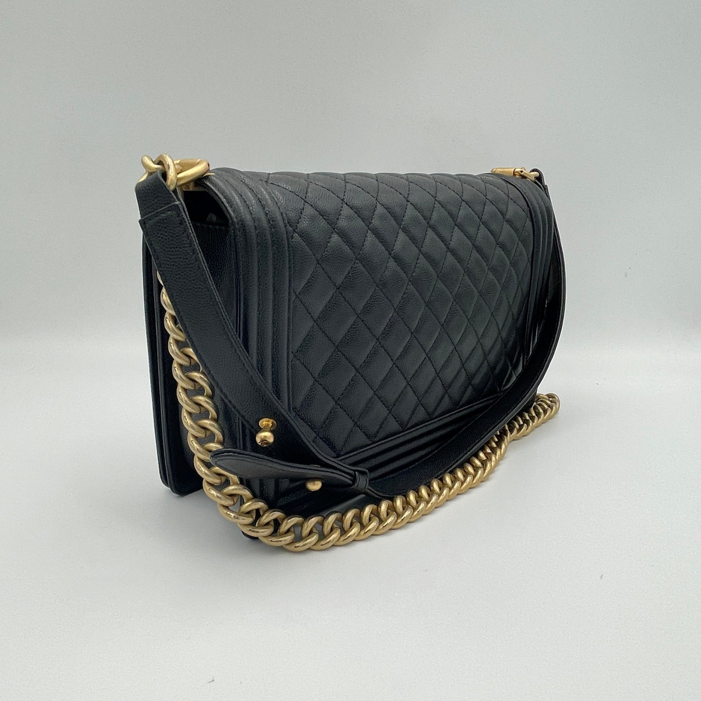 Boy Medium Black Crossbody Bag in Caviar Leather, Gold hardware