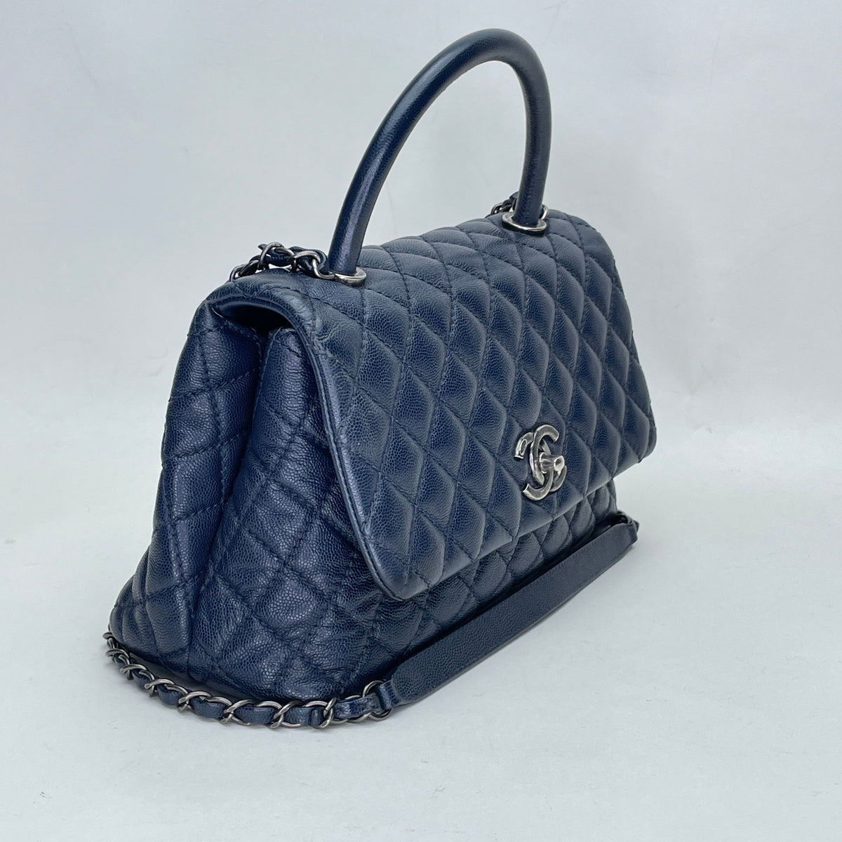 Coco Navy Top Handle Bag in Caviar Leather, Ruthenium hardware