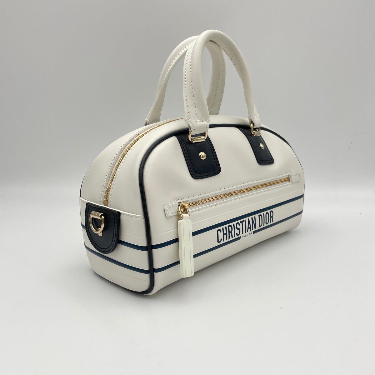 Vibe Bowling White Top Handle Bag in Calfskin, Gold hardware