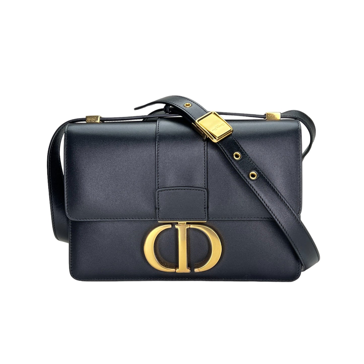 30 Montaigne Medium Black Shoulder Bag in Calfskin, Gold hardware
