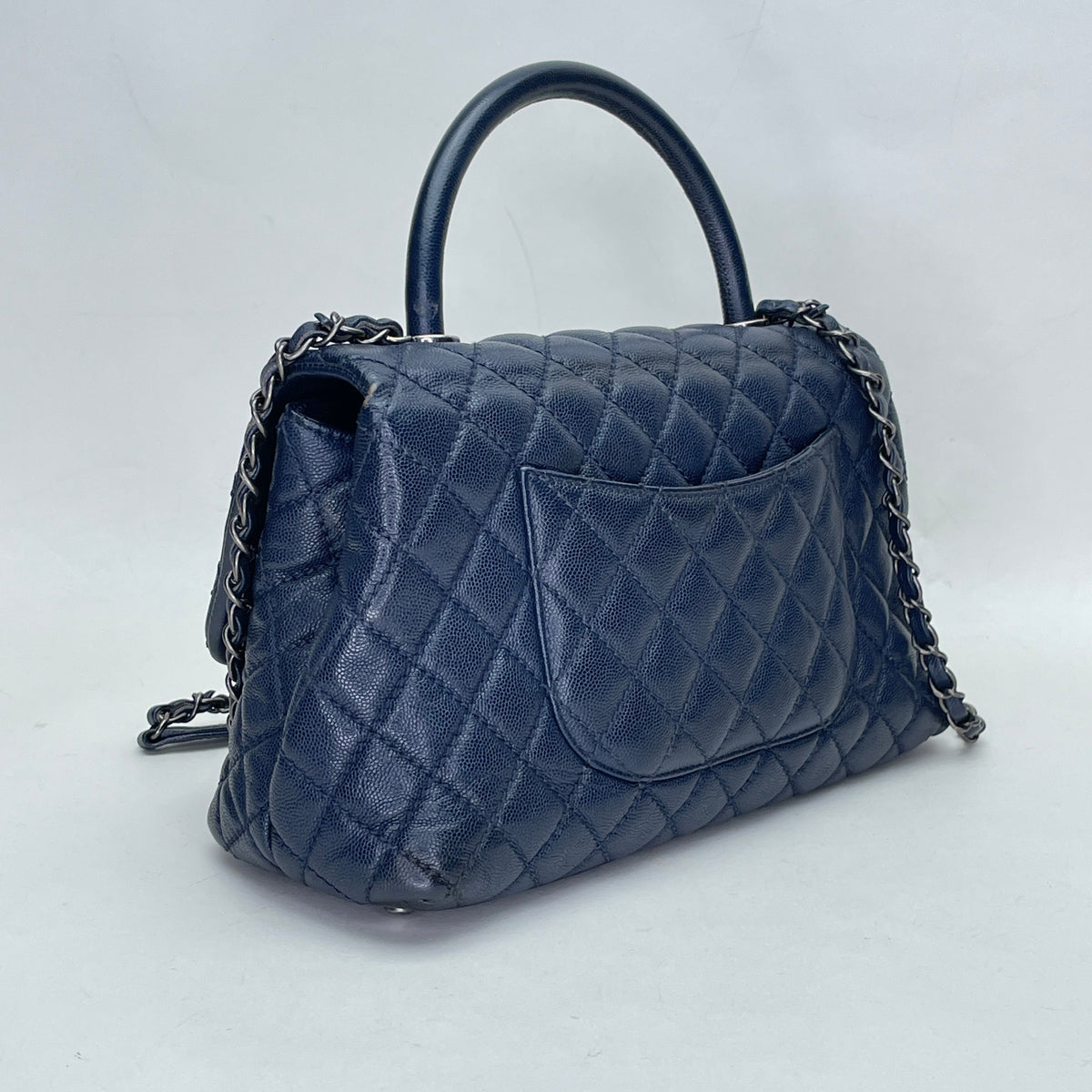 Coco Navy Top Handle Bag in Caviar Leather, Ruthenium hardware