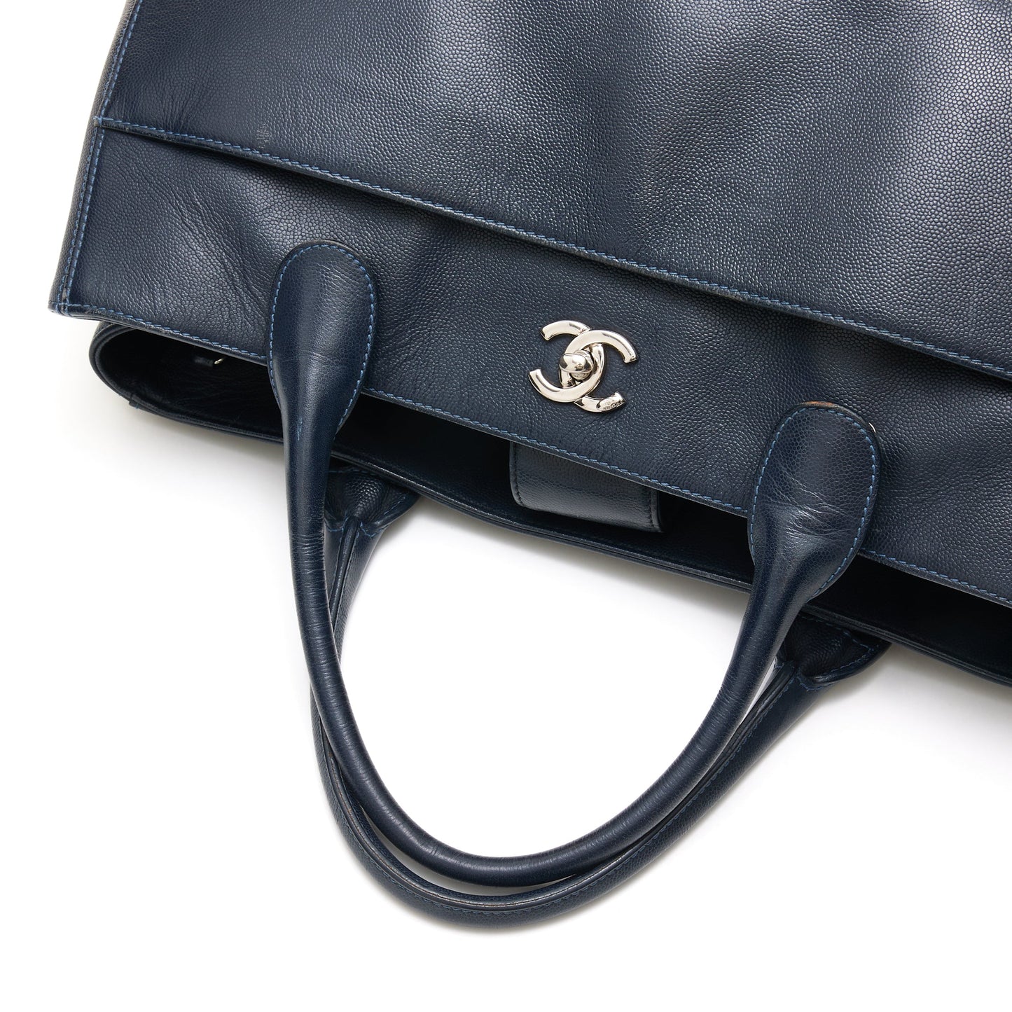 Cerf Executive Large Navy Tote Bag in Caviar Leather, Silver hardware