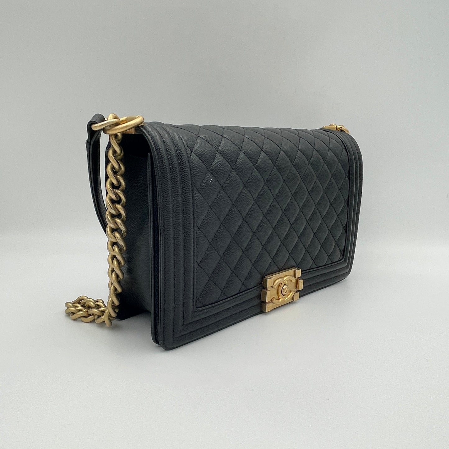 Boy Medium Black Crossbody Bag in Caviar Leather, Gold hardware