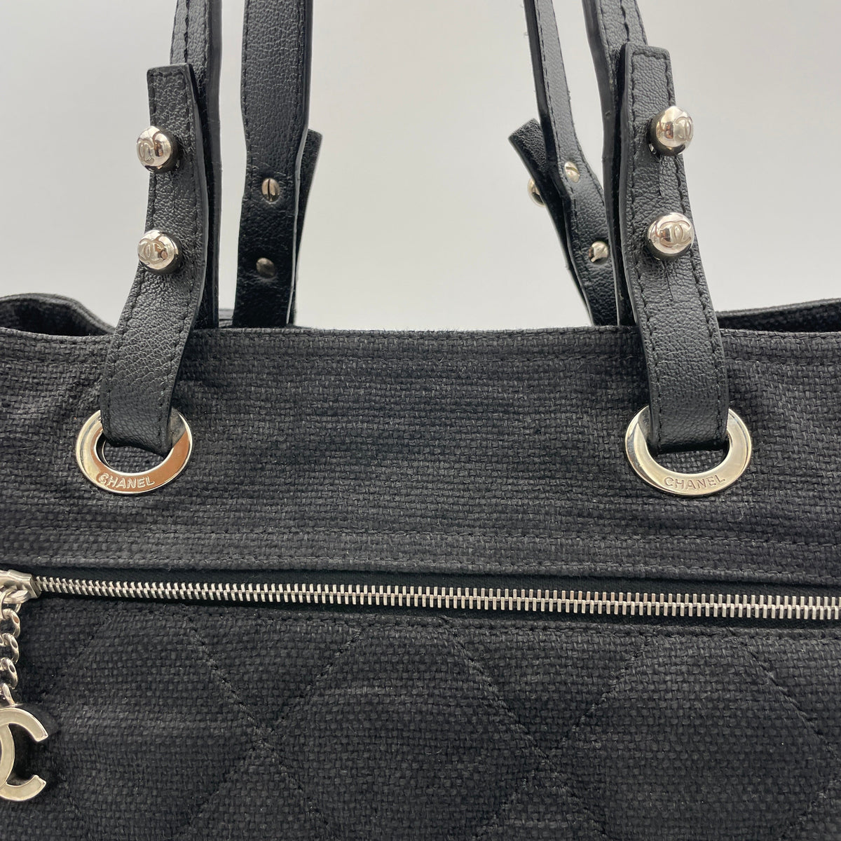 Paris Biarritz Black Top Handle Bag in Canvas, Silver hardware