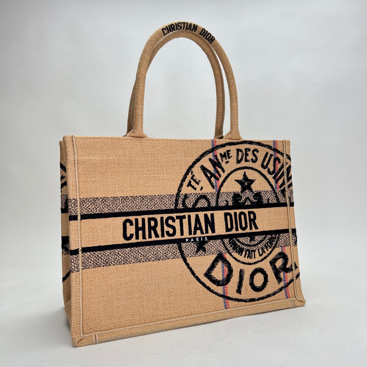 Book Tote Jute Embroidered Medium Brown Tote Bag in Canvas