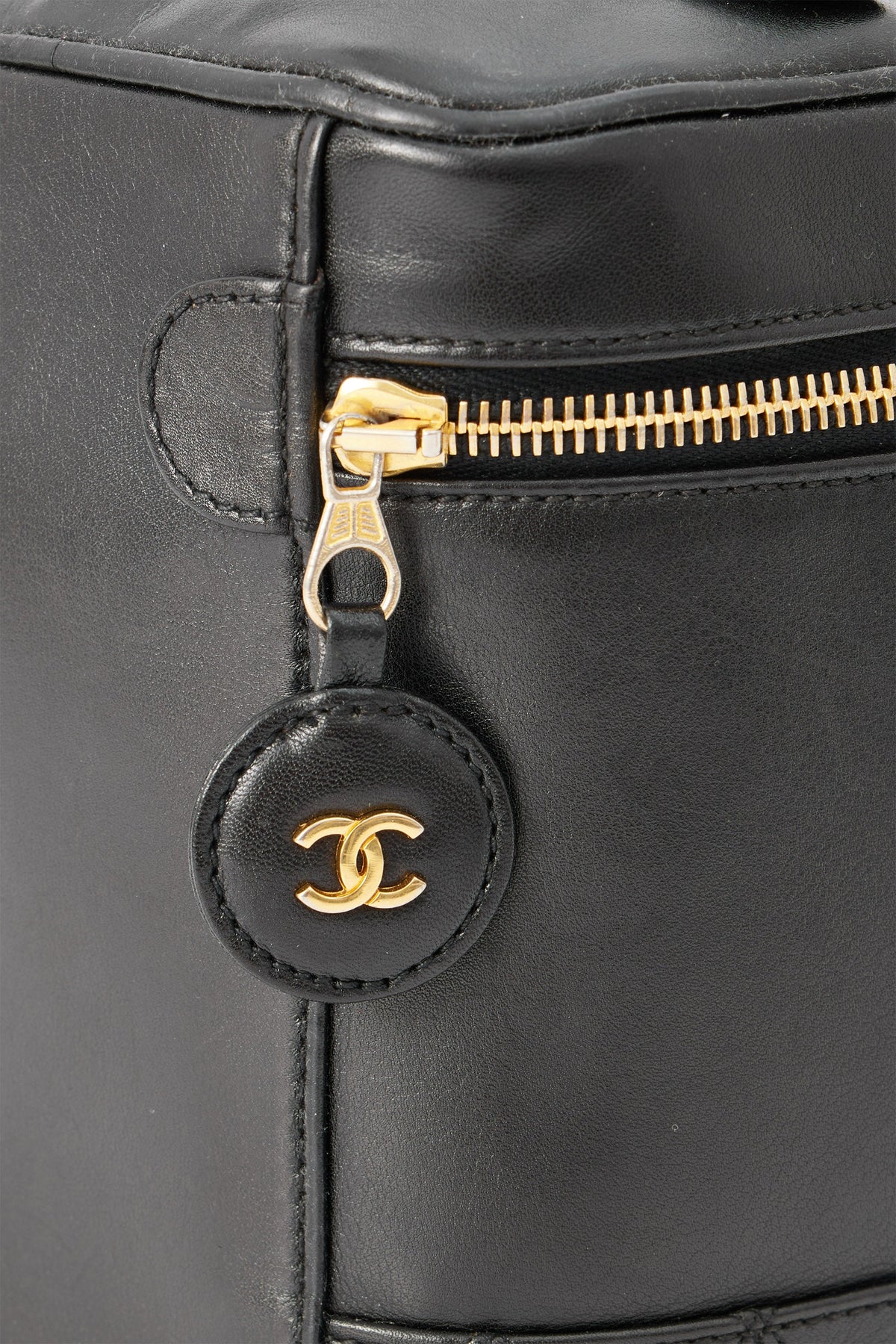 Vanity Black Top Handle Bag in Lambskin, Light Gold hardware