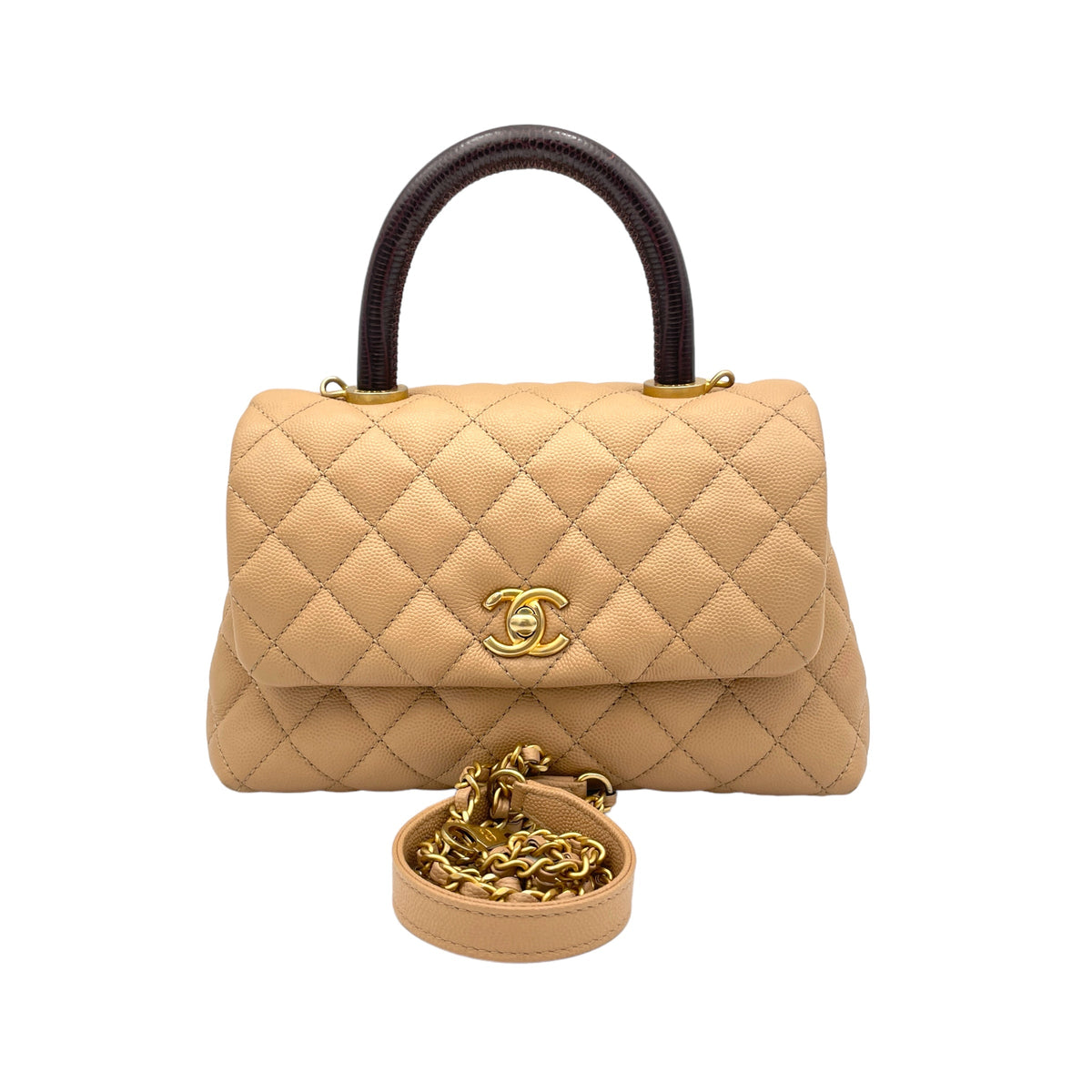 Coco Small Beige Top Handle Bag in Caviar Leather, Gold hardware