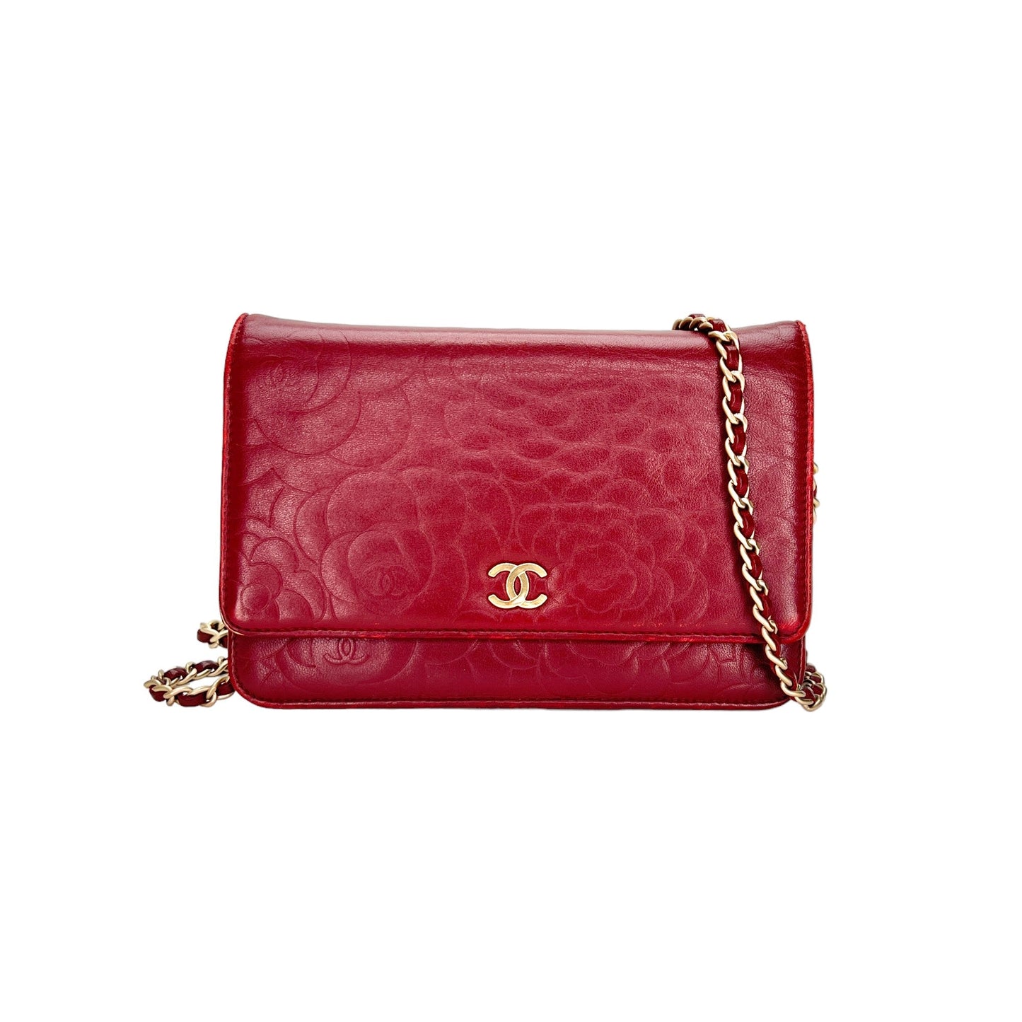 Camellia Red Wallet on Chain in Lambskin, Gold hardware