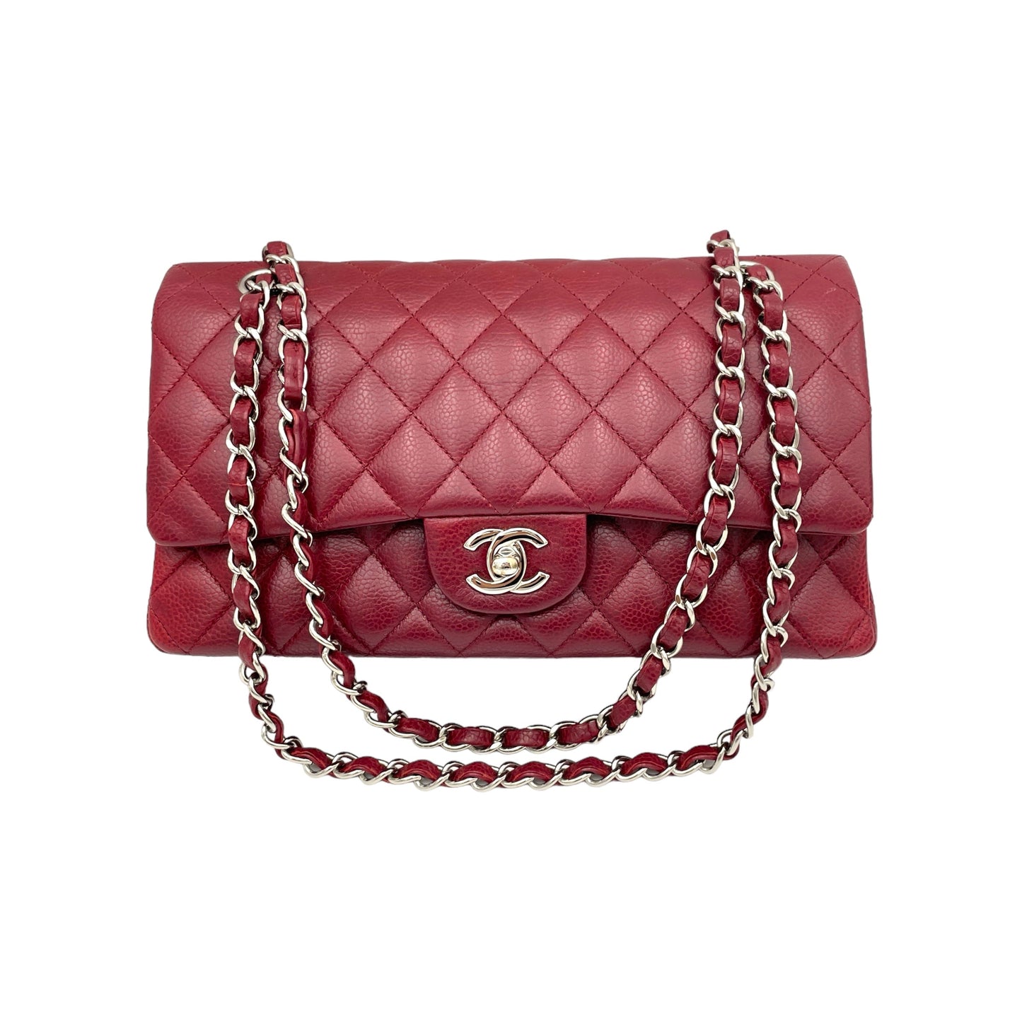 Classic Double Flap Medium Red Shoulder Bag in Caviar Leather, Silver hardware