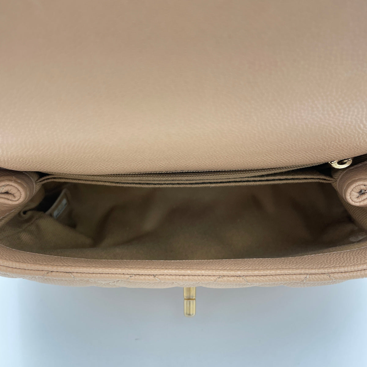 Coco Small Beige Top Handle Bag in Caviar Leather, Gold hardware