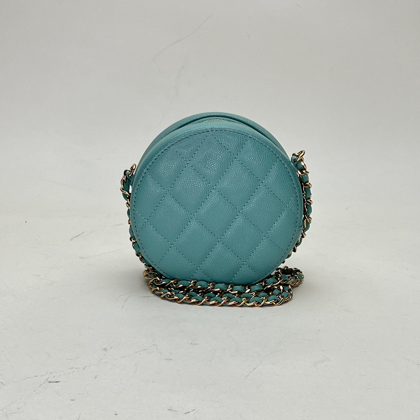 Round Clutch with Chain Blue Crossbody Bag in Caviar Leather, Light Gold hardware