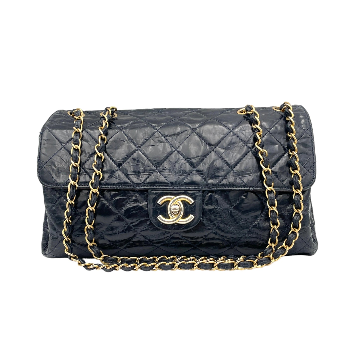 CC Turnlock Crinkled Navy Shoulder Bag in Calfskin, Gold hardware