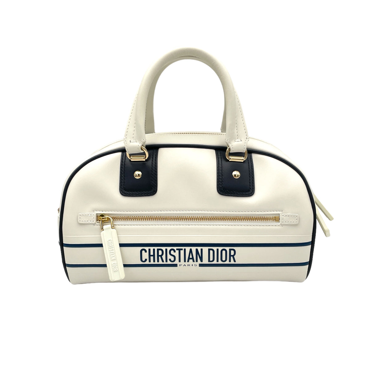 Vibe Bowling White Top Handle Bag in Calfskin, Gold hardware