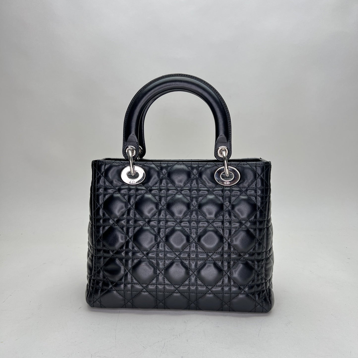 Lady Dior Medium Black Top Handle Bag in Lambskin, Silver hardware