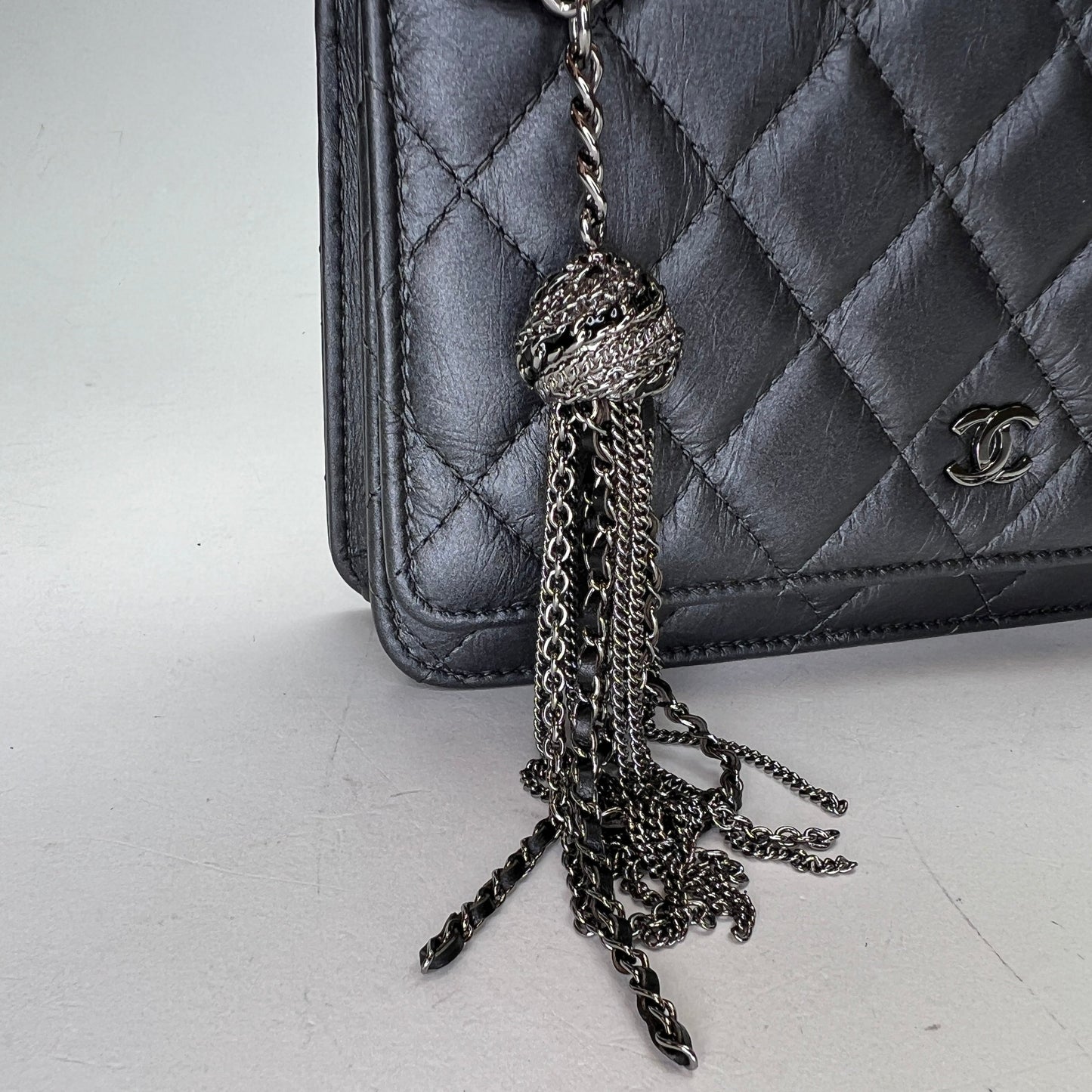 Classic Grey Wallet on Chain in Calfskin, Gunmetal hardware