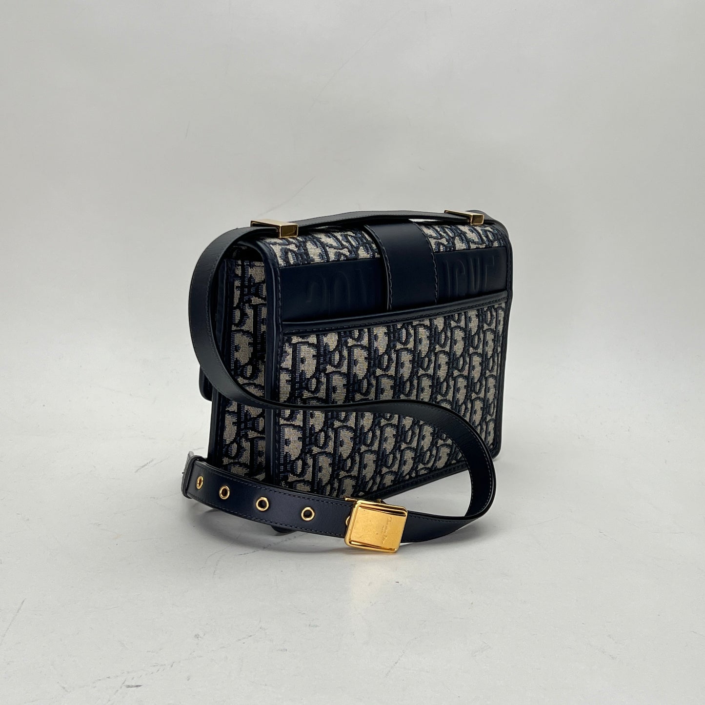 30 Montaigne Navy Shoulder Bag in Jacquard, Gold hardware