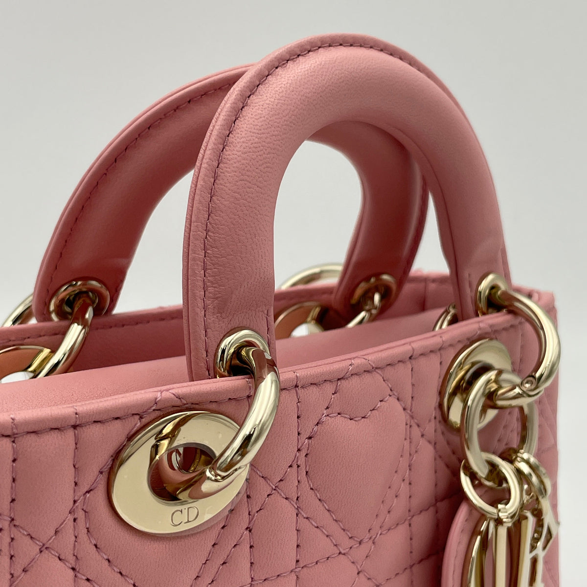 D-Joy Micro Pink Top Handle Bag in Lambskin, Light Gold hardware