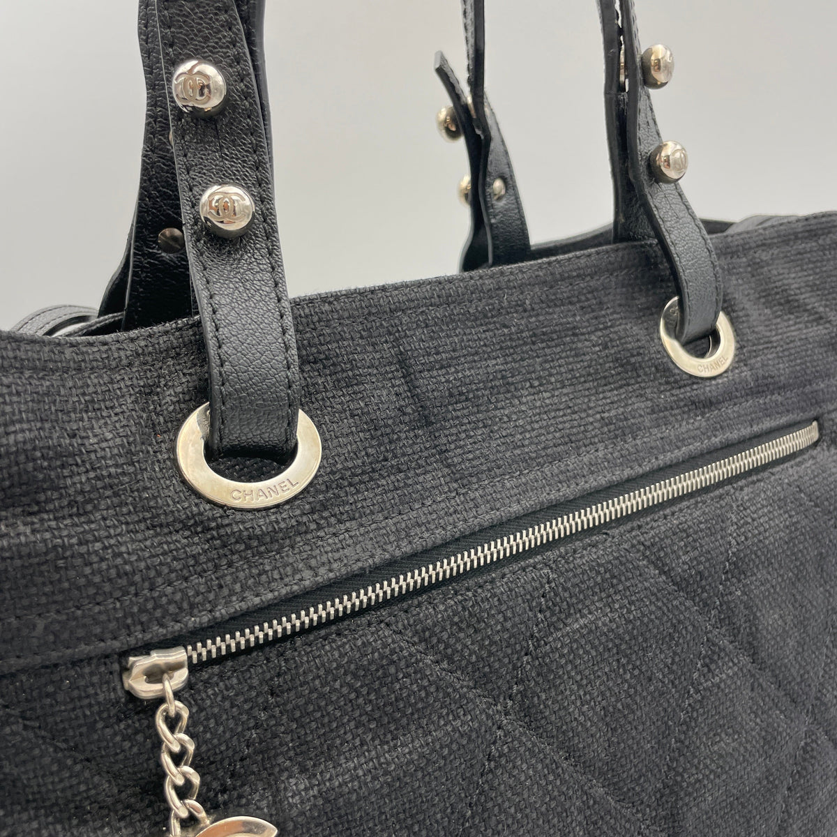 Paris Biarritz Black Top Handle Bag in Canvas, Silver hardware