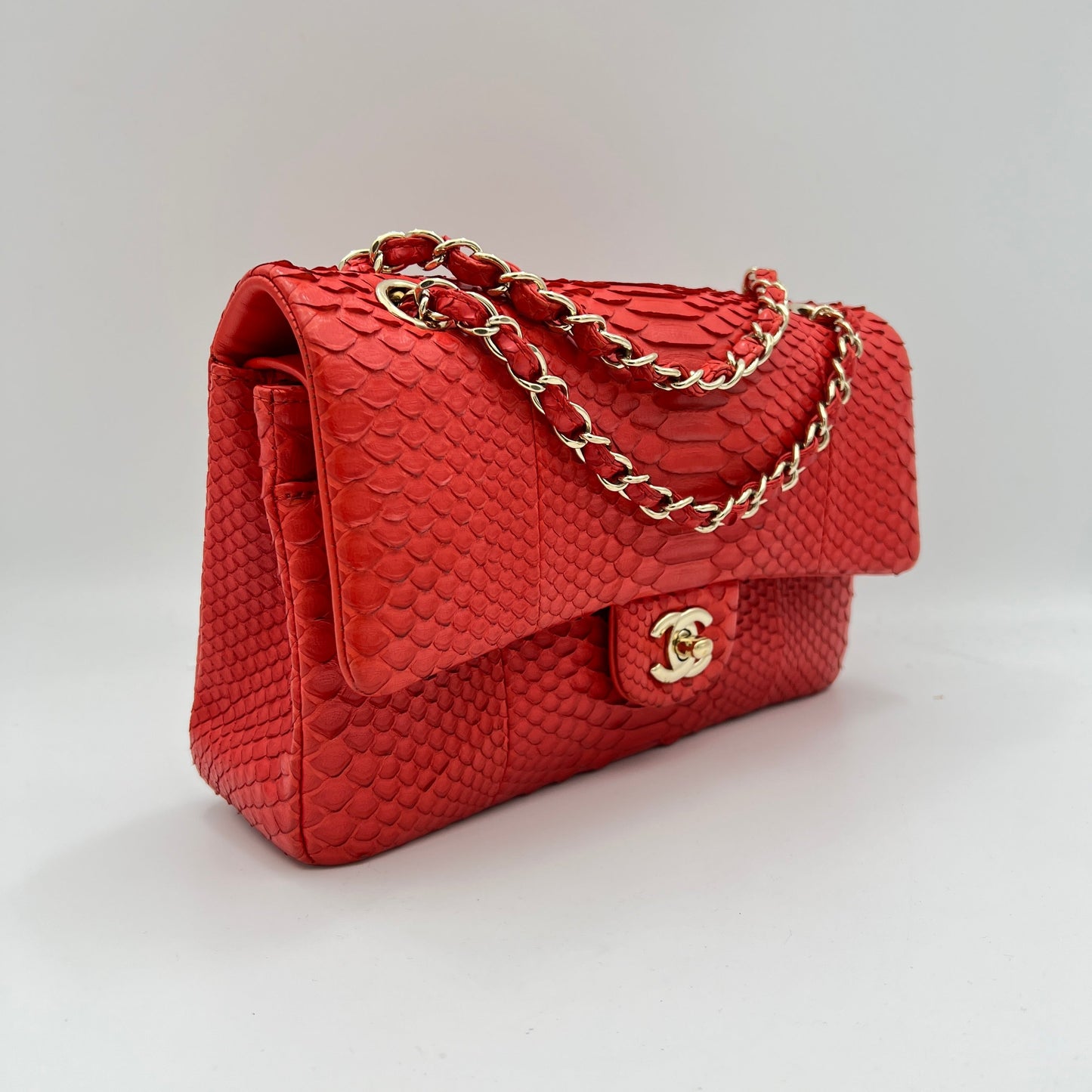 Classic Double Flap Medium Red Shoulder Bag in Python Leather, Gold hardware