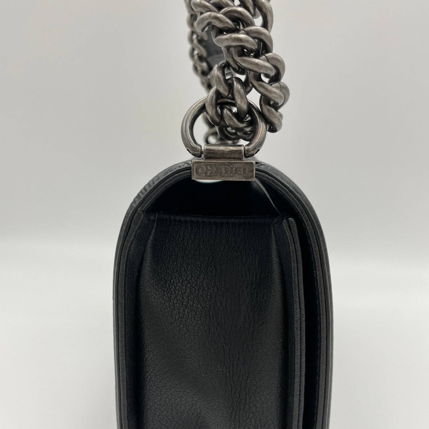 Boy Old Medium Black Shoulder Bag in Goat Leather, Ruthenium hardware