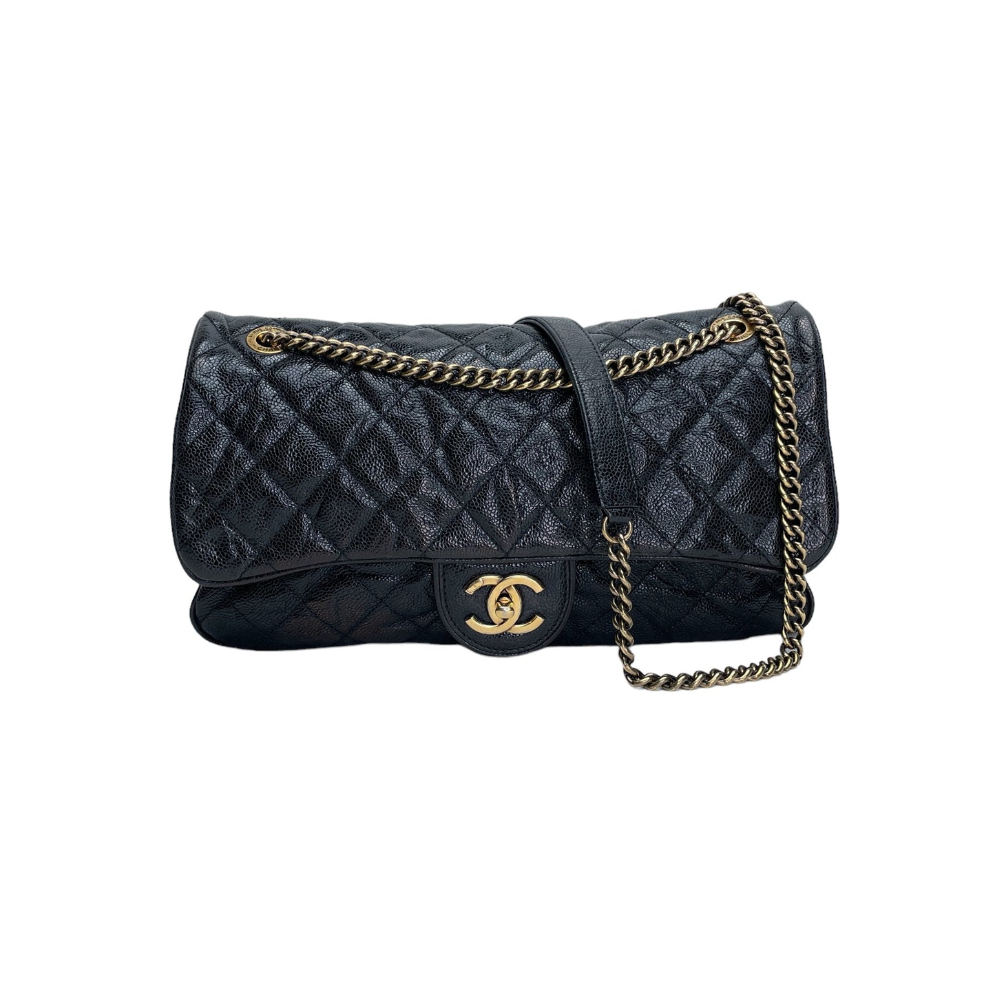 Easy Flap Black Shoulder Bag in Caviar Leather, Gold hardware