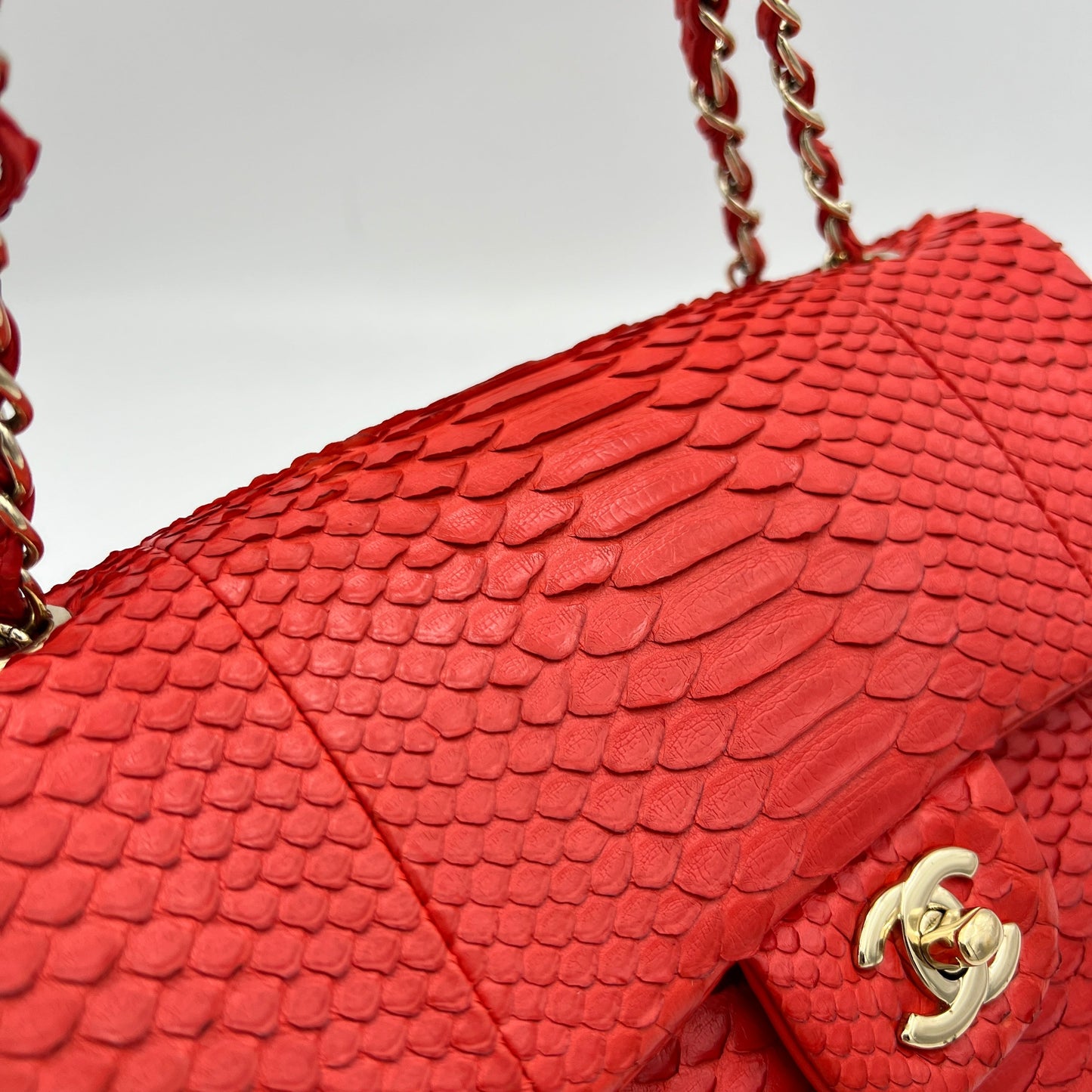 Classic Double Flap Medium Red Shoulder Bag in Python Leather, Gold hardware