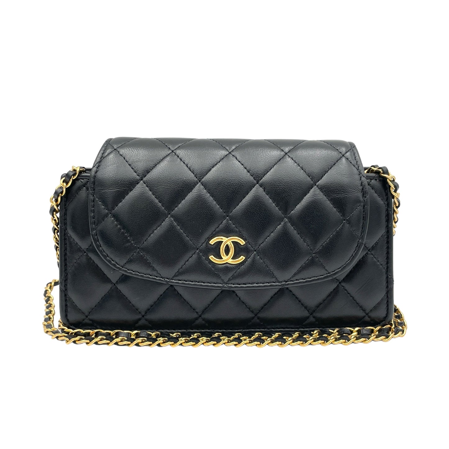 Quilted Flap Black Crossbody Bag in Lambskin, Gold hardware