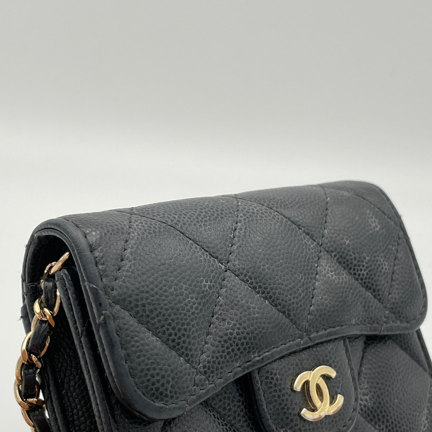 MATELASSE QUILTED Black Wallet on Chain in Caviar Leather, Gold hardware
