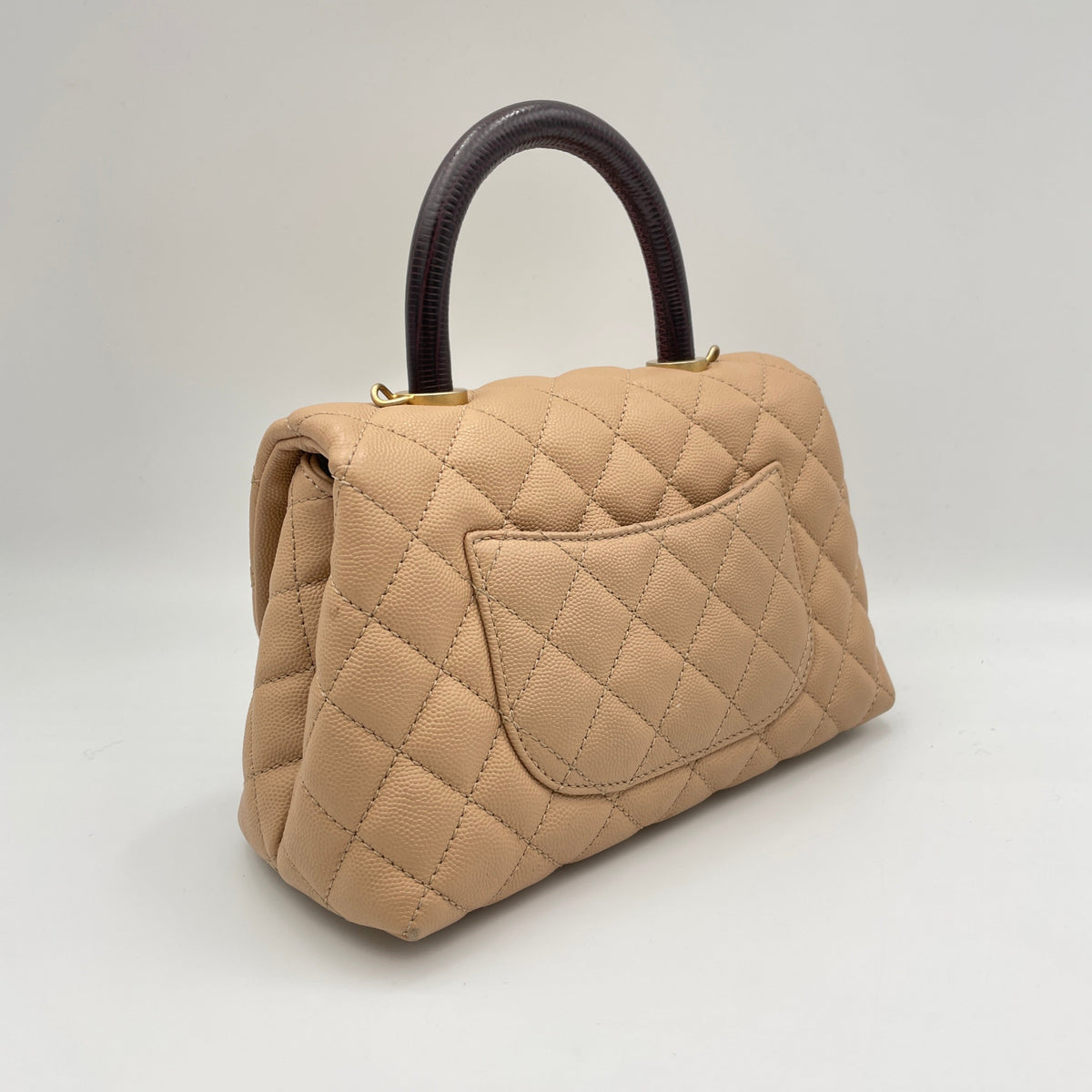 Coco Small Beige Top Handle Bag in Caviar Leather, Gold hardware