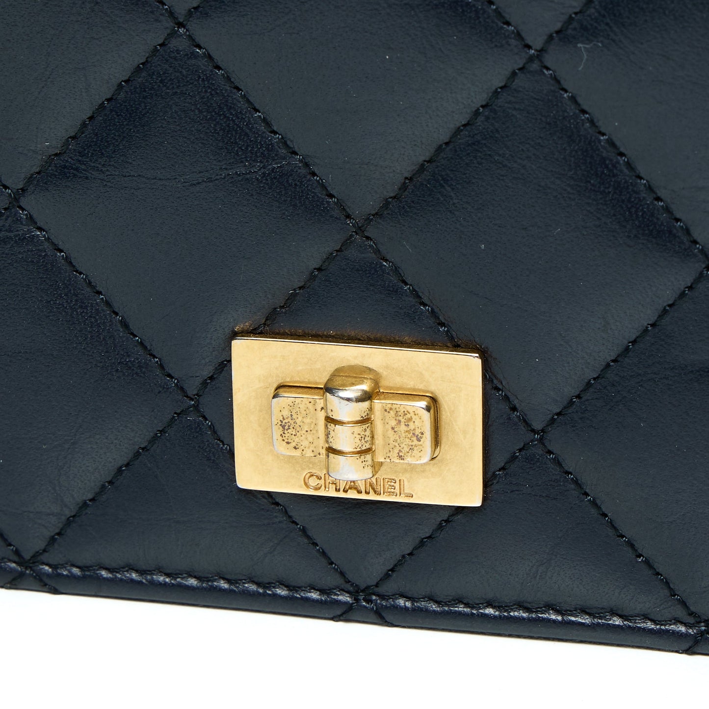 2.55 Reissue Long Fold Navy Wallet in Distressed Leather, Gold hardware