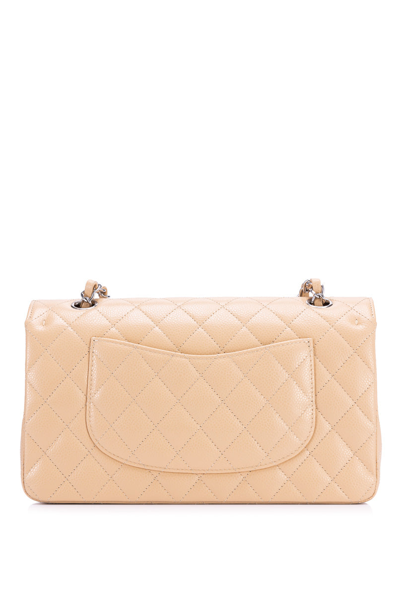 Classic Double Flap Medium Beige Shoulder Bag in Caviar Leather, Silver hardware