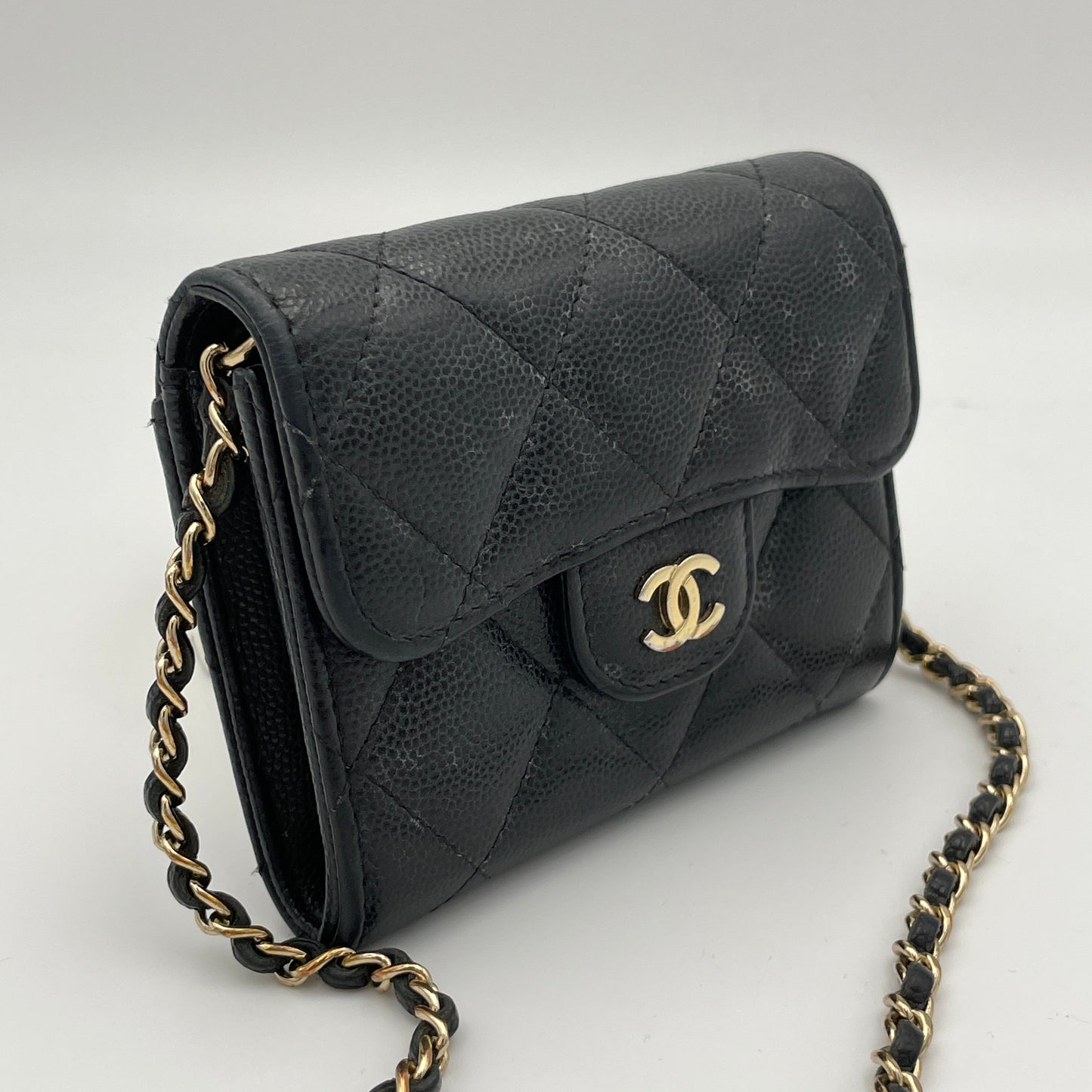 MATELASSE QUILTED Black Wallet on Chain in Caviar Leather, Gold hardware
