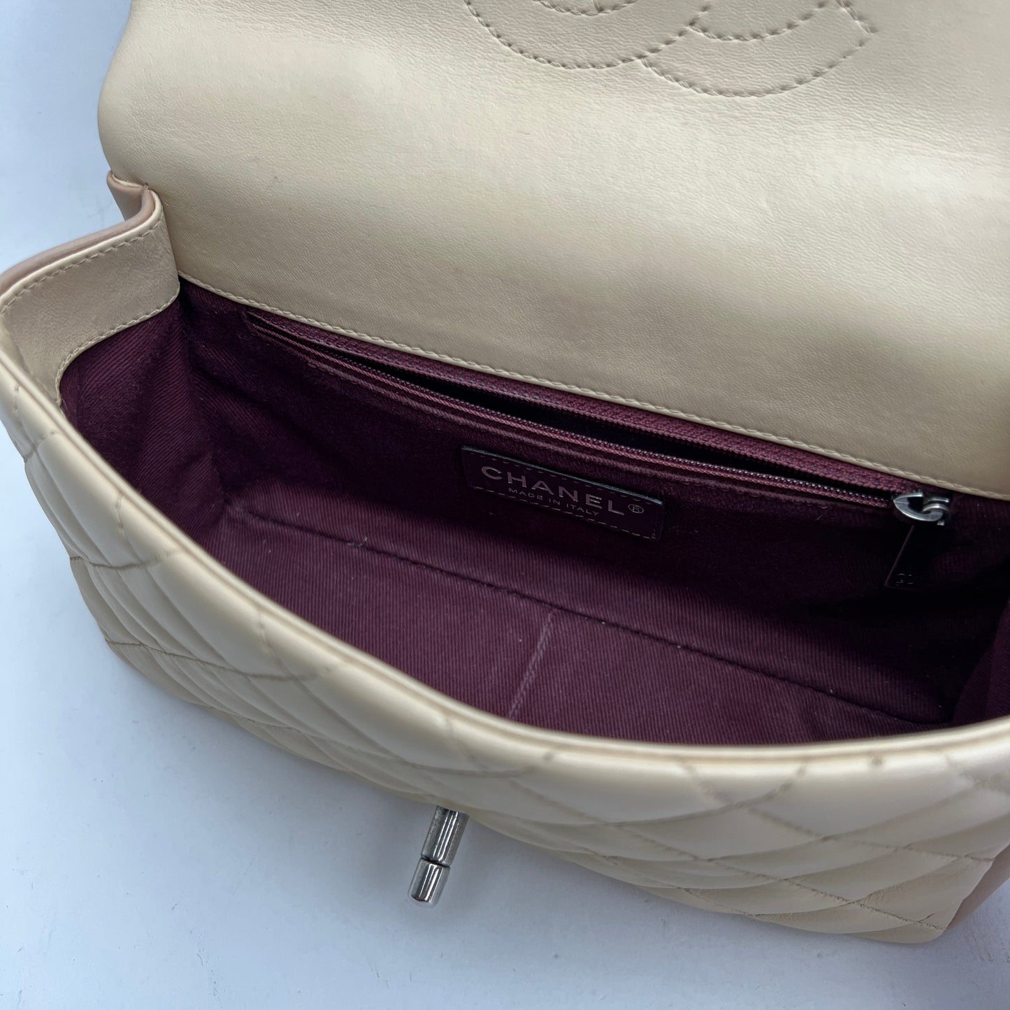 Timeless Classic Flap Beige Shoulder Bag in Lambskin, Ruthenium hardware