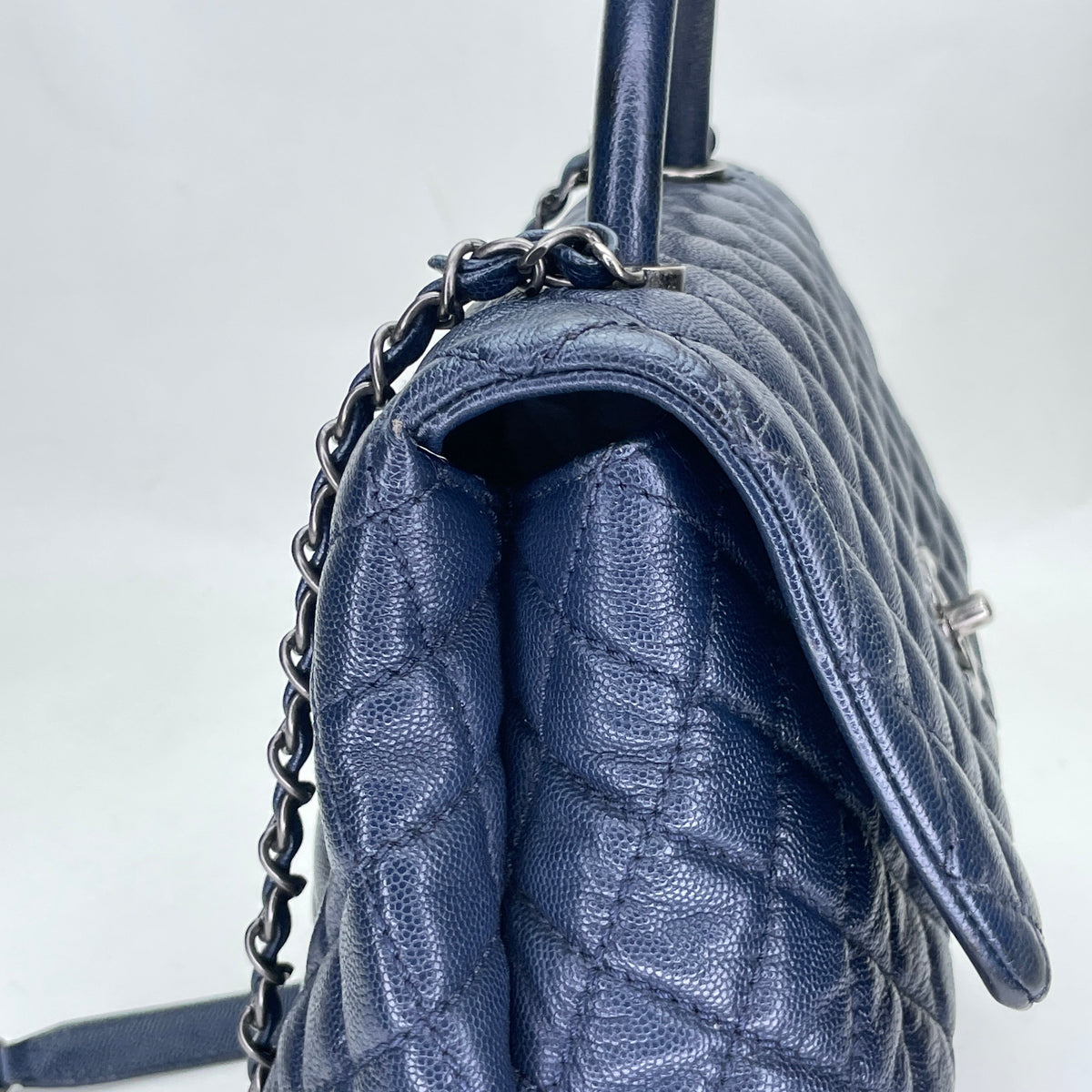 Coco Navy Top Handle Bag in Caviar Leather, Ruthenium hardware