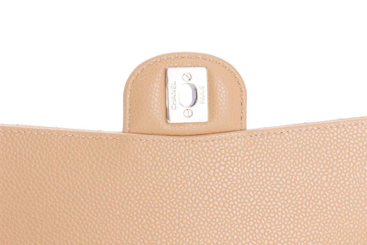 Classic Double Flap Medium Beige Shoulder Bag in Caviar Leather, Silver hardware