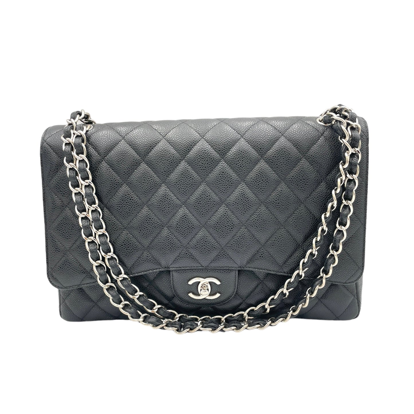 Classic Flap Maxi Black Shoulder Bag in Caviar Leather, Silver hardware