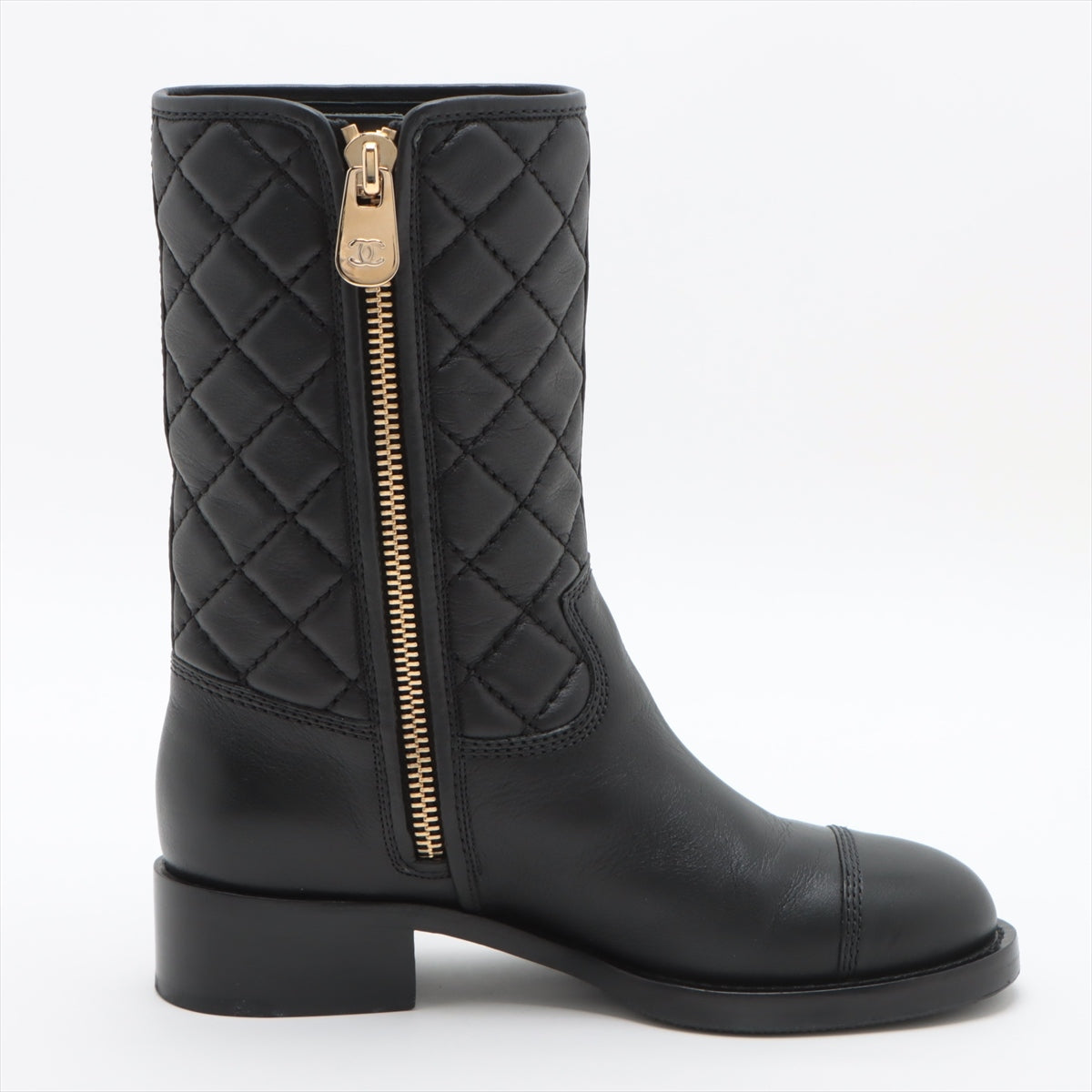 Chanel Coco Leather Short Boots 36C  Black G36707 Matrasse Side Zip
