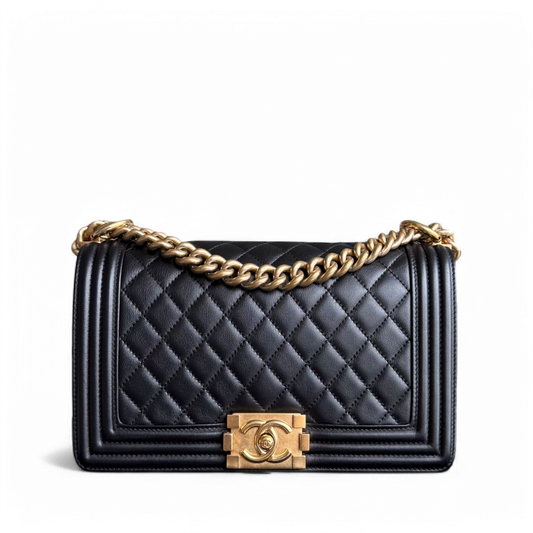 Chanel Boy Medium - Calfskin 25CM Quilted Black Gold Hardware Series 25