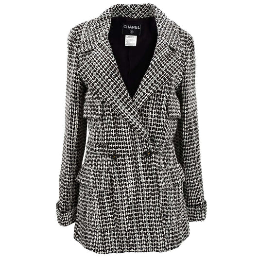 Chanel Double Breasted Jacket Black Tweed 01A #38