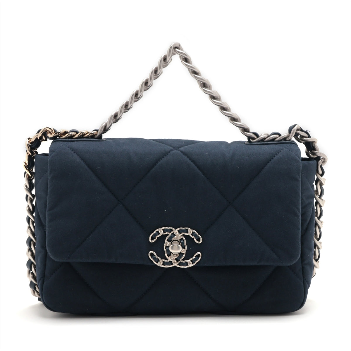 Chanel 19 Cotton 2WAY Shoulder Bag Navy G x Silver Gold AS1160 Navy