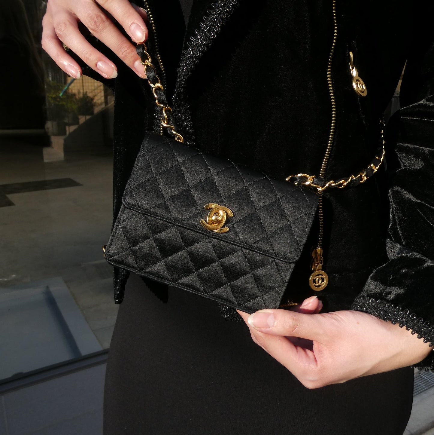 Chanel 1989-1991 Straight Flap Bag Micro Black Satin