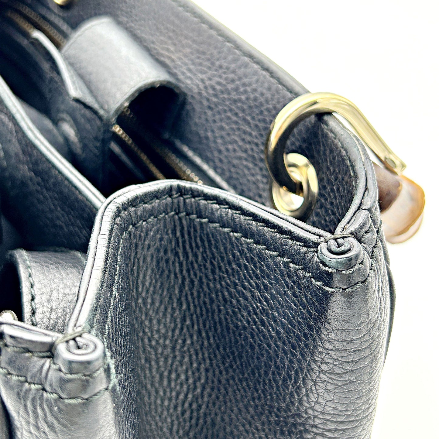 Gucci Black Pebbled Leather Bamboo Top Handle Small Shopper Tote Bag LA