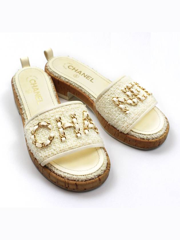 Tweed Chain Logo Slides Women s Mule Slippers Ivory 36 5 Size G34826 Chanel