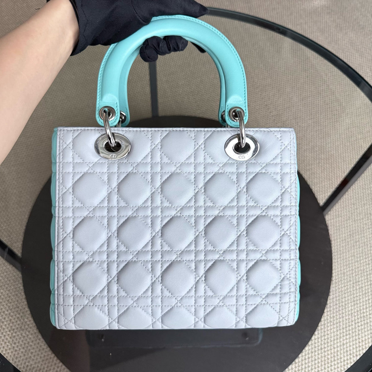 Dior Lady Medium - Cannage Lambskin Bi-Color Cyan Grey Gray Silver Hardware