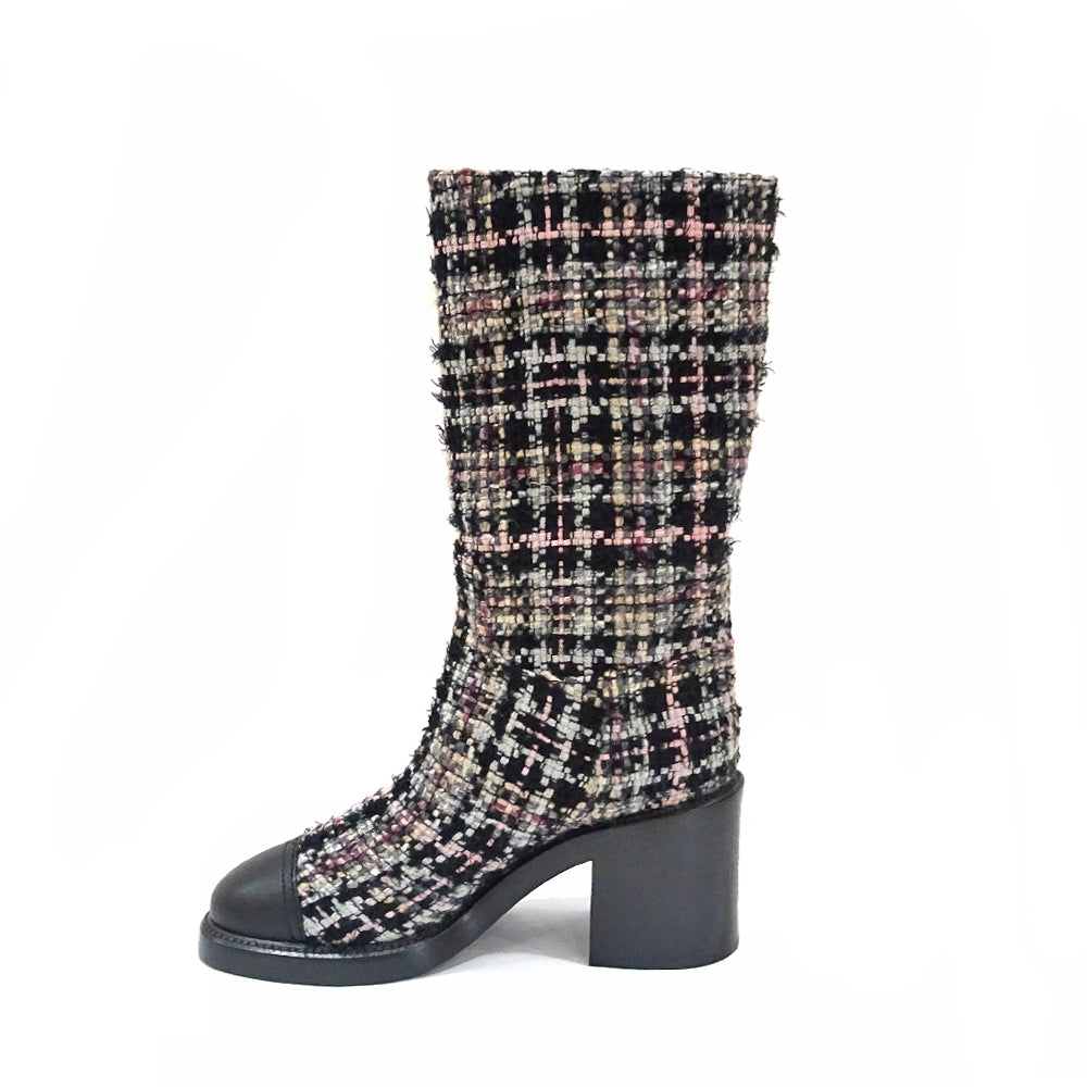 Chanel Long Boots G39614 38 Black Tweed Leather Shoes For Women
