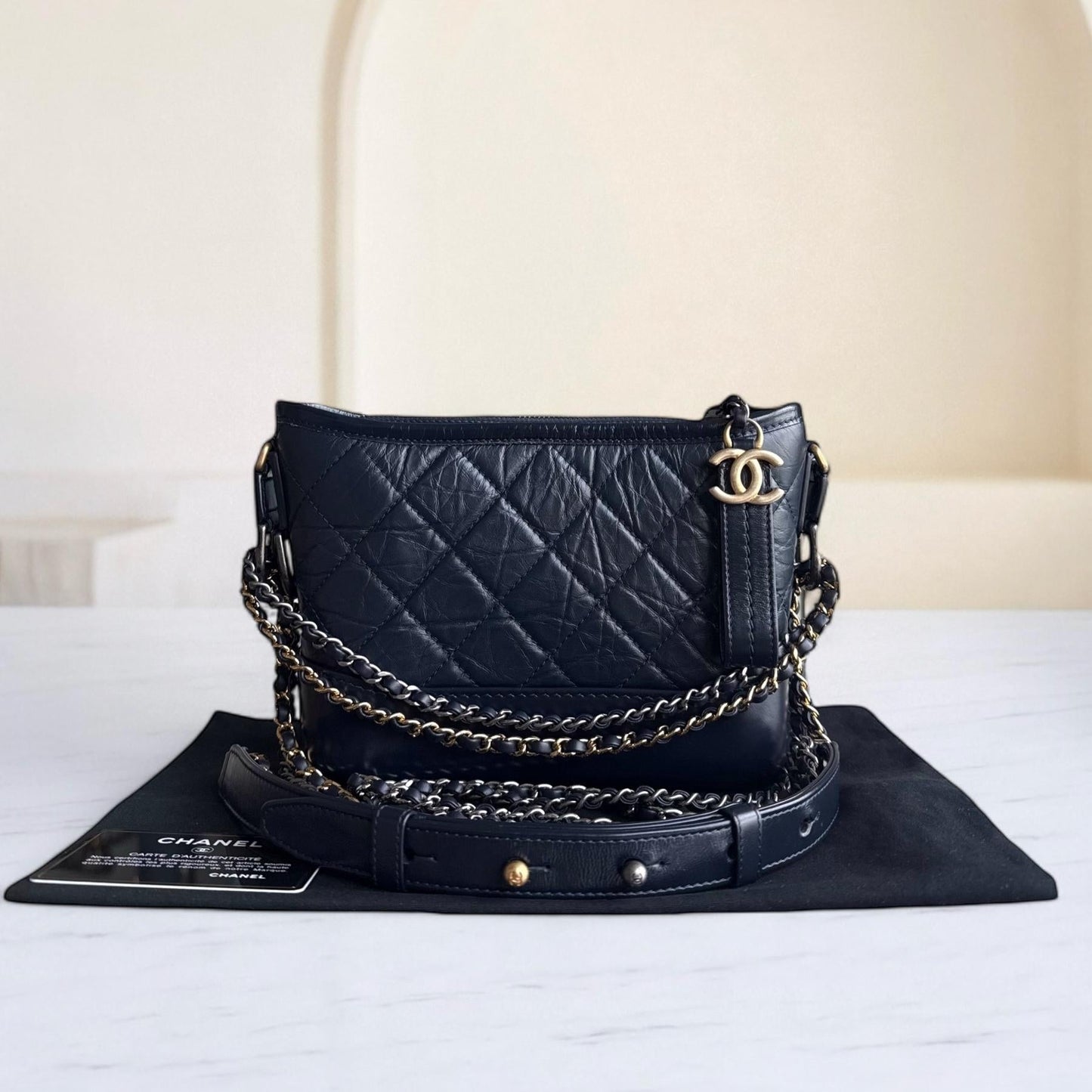 Chanel Gabrielle Small - Quilted Calfskin Dark Navy Blue Two-tone Gold Hardware Series 28