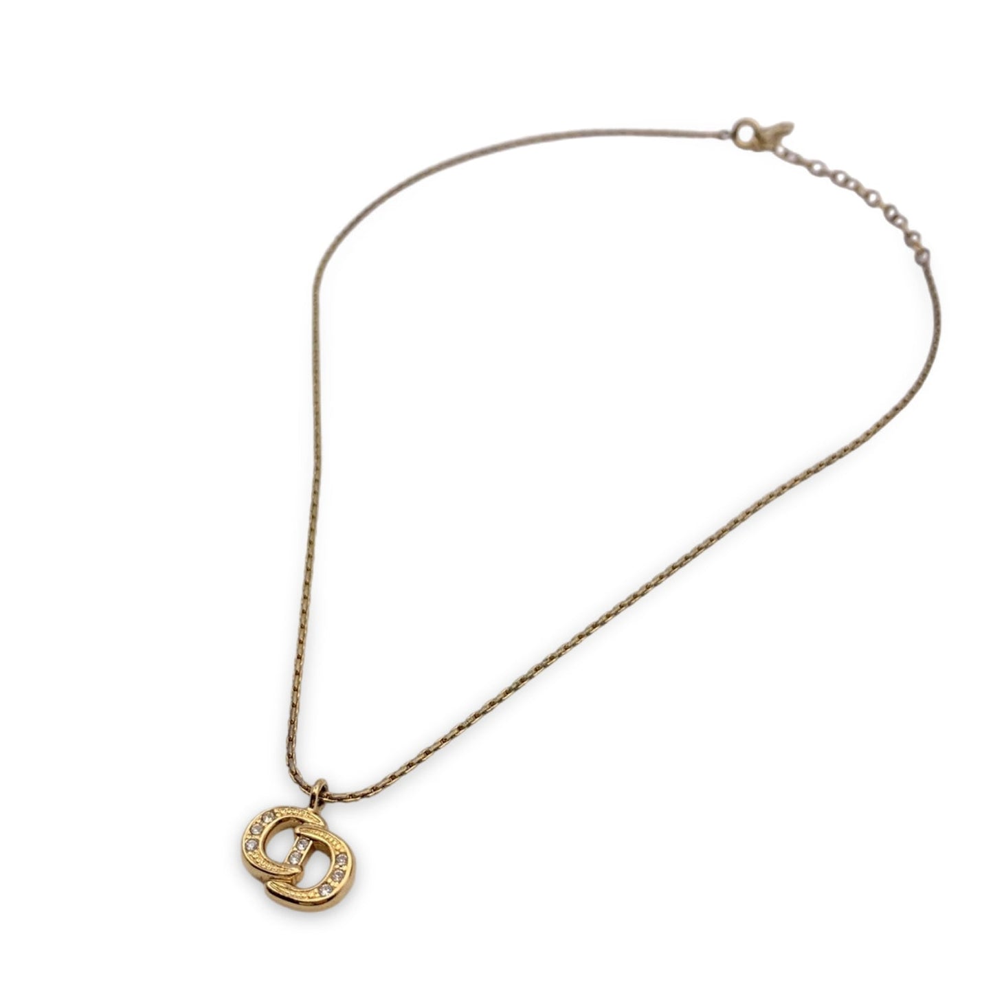 CHRISTIAN DIOR Vintage Gold Metal Crystal Cd Pendant Chain Necklace