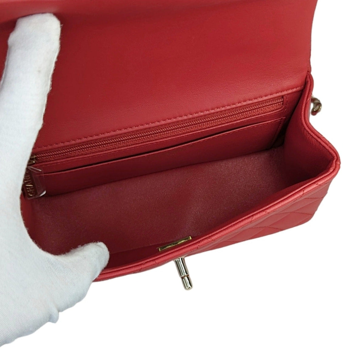 Chanel Red Lambskin Mini Rectangular Top Handle Flap