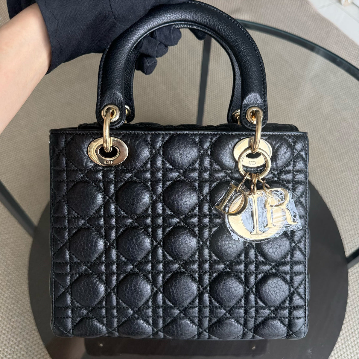 Dior Lady Medium Flap - Cannage Grained Calfskin Black Gold Hardware
